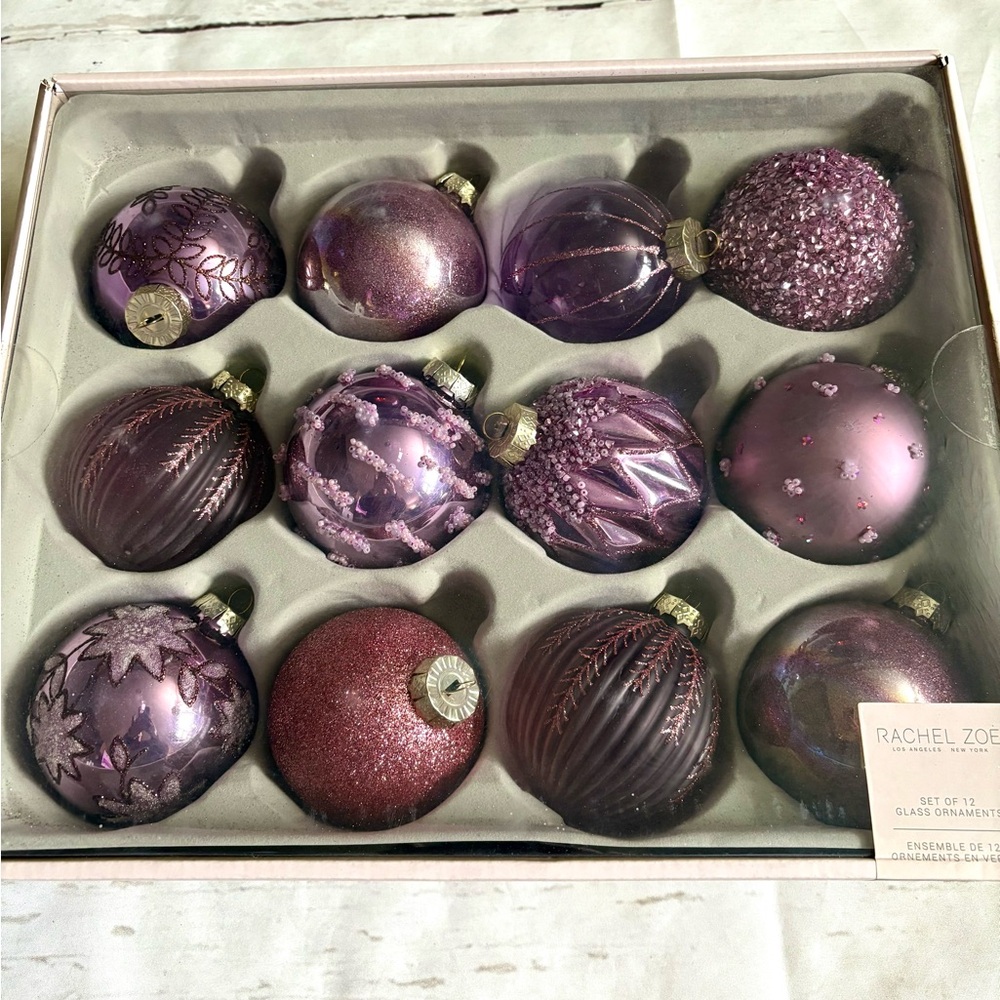 Christmas Rachel Zoe Set of  12 Lg Purple Glass Ornaments Embellished Jeweled 4"